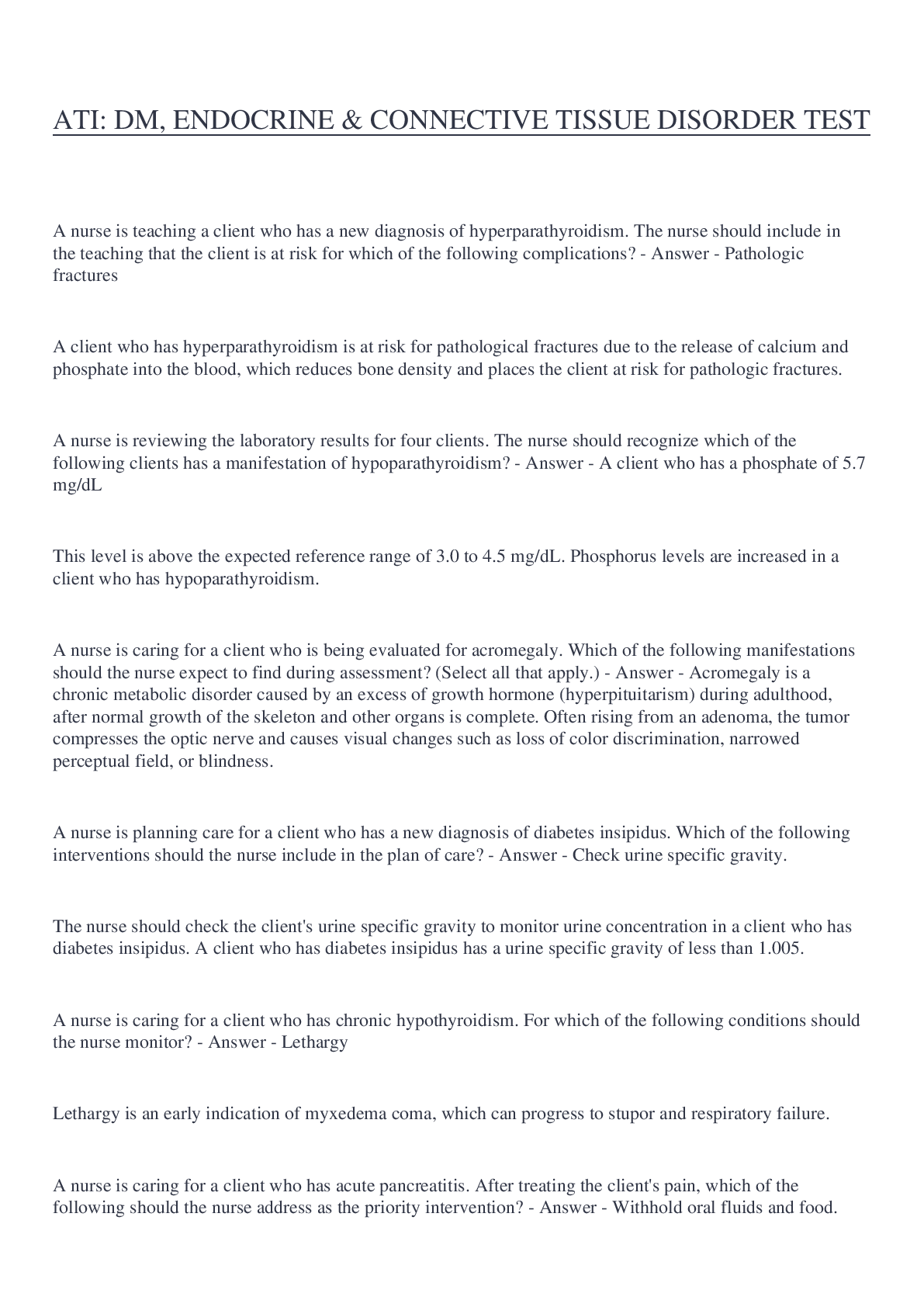 Preview image for ATI: DM, ENDOCRINE & CONNECTIVE TISSUE DISORDER TEST